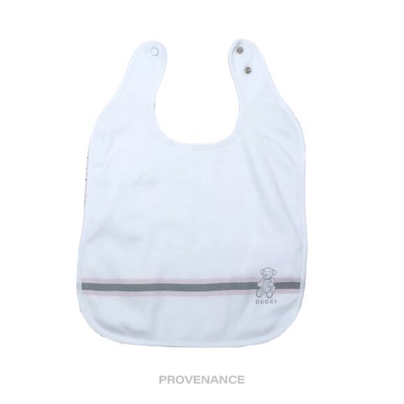 Gucci Other - 🔴 Gucci Baby Bib - Teddy Bear Web Stripe White Pink Grey